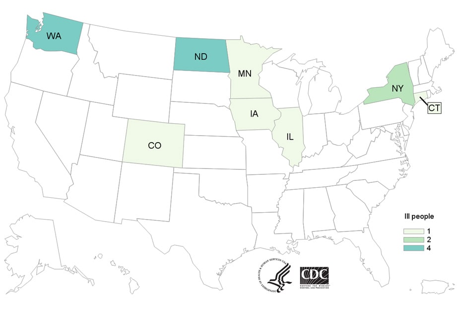 Map of United States - People infected with the outbreak strain of Salmonella, by state of residence, as of May 20, 2019