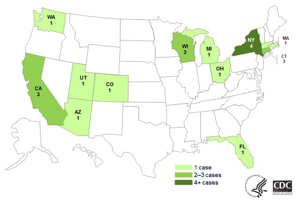 Persons infected with the outbreak strain of Salmonella Newport, Hartford, and Oranienburg by state, by state as of June 9, 2014