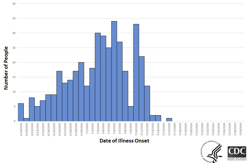 Graphic chart of Salmonella outbreak with numbers of people and dates of illness 