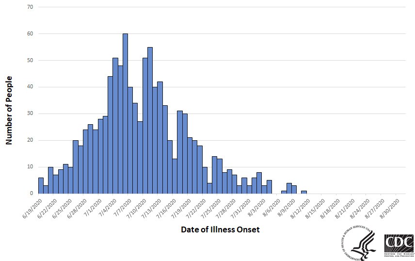 Graphic chart of Salmonella outbreak with numbers of people and dates of illness as of August 31, 2020. 