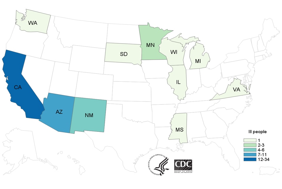 People infected with the outbreak strain of Salmonella Paratyphi B variant L(+) tartrate(+), by state of residence, as of July 14, 2015 (n=60)