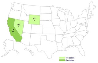 Case Count Map 1-31-2014: Persons infected with the outbreak strain of Salmonella Stanley, by state. A total of 17 ill persons infected with the outbreak strain of Salmonella Stanley were reported from three states. Most of the ill people were reported from California (88%). The number of ill persons identified in each state was as follows: California (15), Nevada (1), and Wyoming (1). 