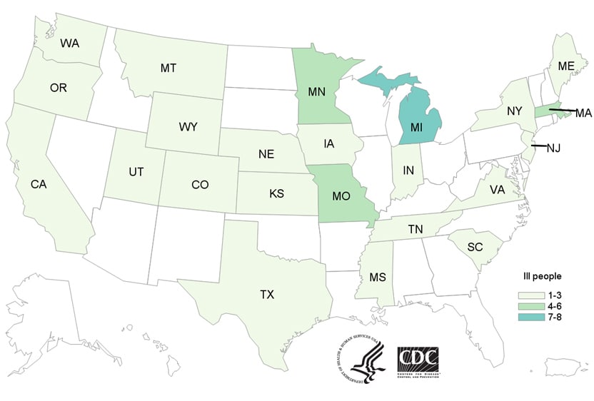 Map of United States - People infected with the outbreak strain of Salmonella, by state of residence, as of October 2, 2019