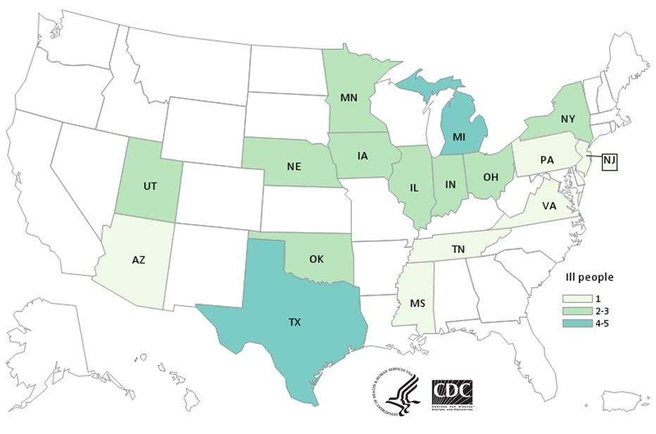 Map of United States - People infected with the outbreak strain of Salmonella, by state of residence, as of September 22, 2020