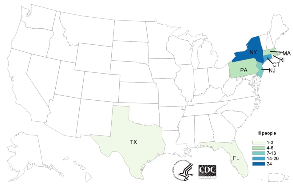 Map of United States - People infected with the outbreak strain of Salmonella, by state of residence, as of June 28, 2019
