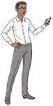 Male health communication specialist standing holding phone.