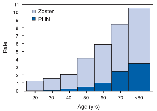 shingles-rates-by-age.gif Figure1: This figure shows Shingles and Postherpatic Neuralgia Rates by Age in the United States . Starting with Age 20 the rates of both shingles and PHN per 1,000 people increase as age increase with people older than 80 having the highest rates of both condition.
