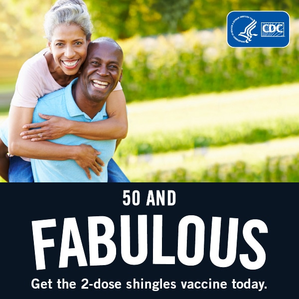 fab2-fb-thmb 50 and fabulous. Get the 2-dose shingles vaccine today. Couple laughing together at a park.