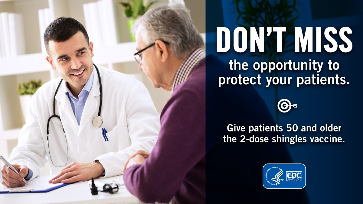 Don't miss the opportunity to protect your patients. Give patients 50 and older the 2-dose shingles vaccine. Doctor sitting and consulting with older patient.