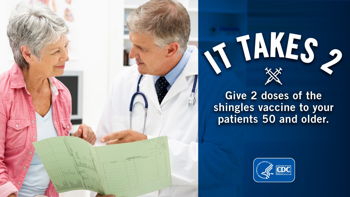 It takes 2. Give 2 doses of the shingles vaccine to your patients 50 and older. Doctor consulting with older patient.