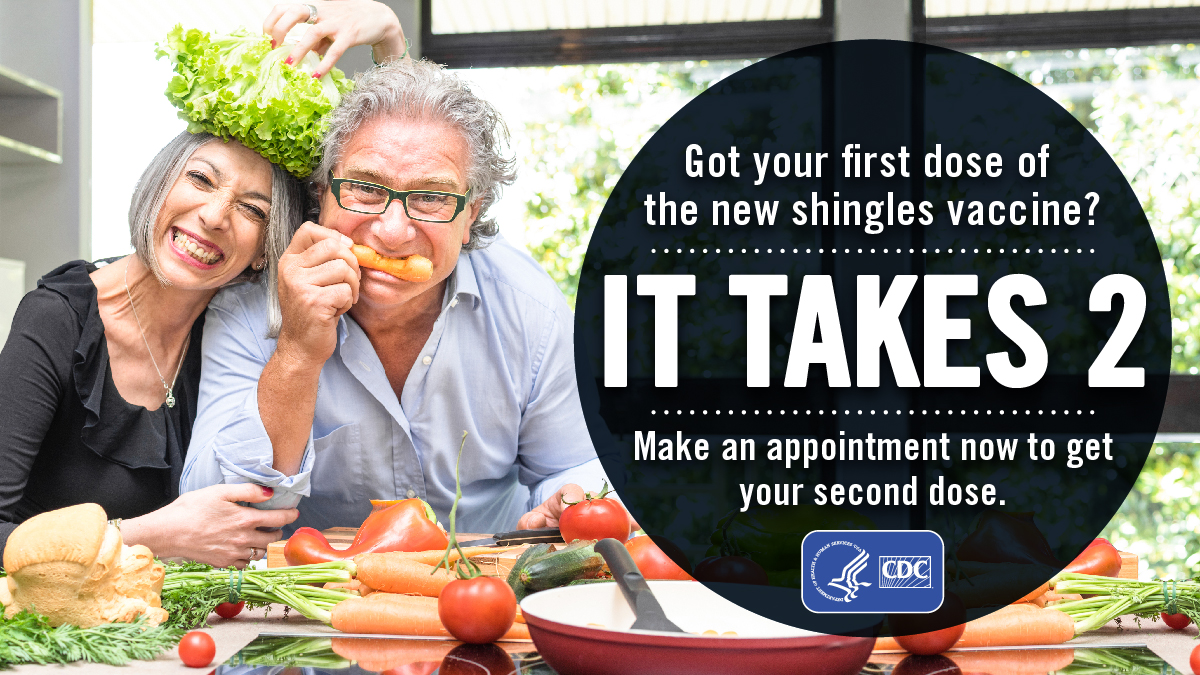 takes-2-kitchen-1200x600 A couple with produce smiling in the kitchen. Text reads: Got your first dose of the new shingles vaccine? It takes 2. Make an appointment now to get your second dose.