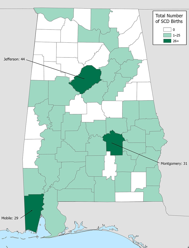 Map 1: Number of SCD births by county of birth, Alabama Newborn Screening Data, 2015–2019