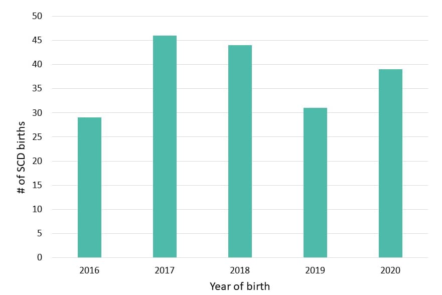 Figure 1: Annual Number of SCD Births, Indiana Newborn Screening Data, 2016–2020