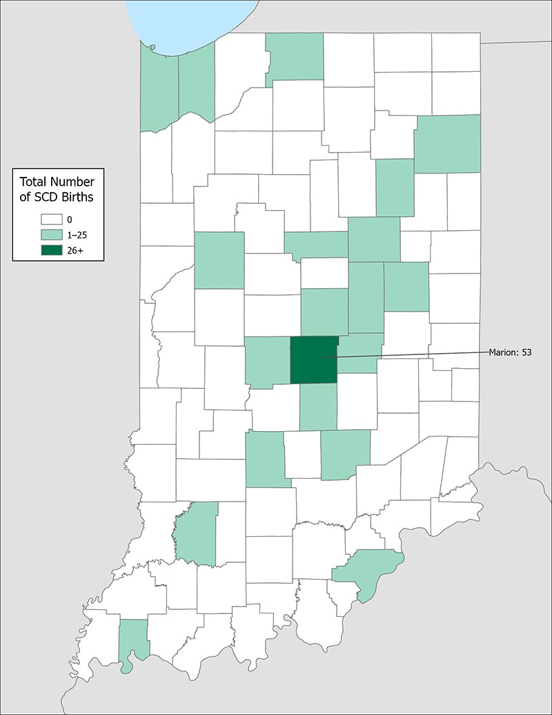 Map 1: Number of SCD births by county of birth, Indiana Newborn Screening Data, 2015–2019