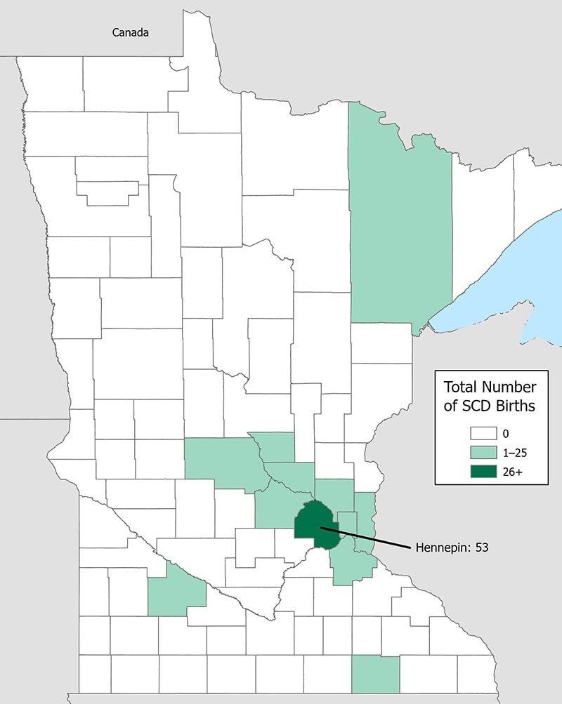 Map 1: Number of SCD births by county of birth, Minnesota Newborn Screening Data, 2016–2020