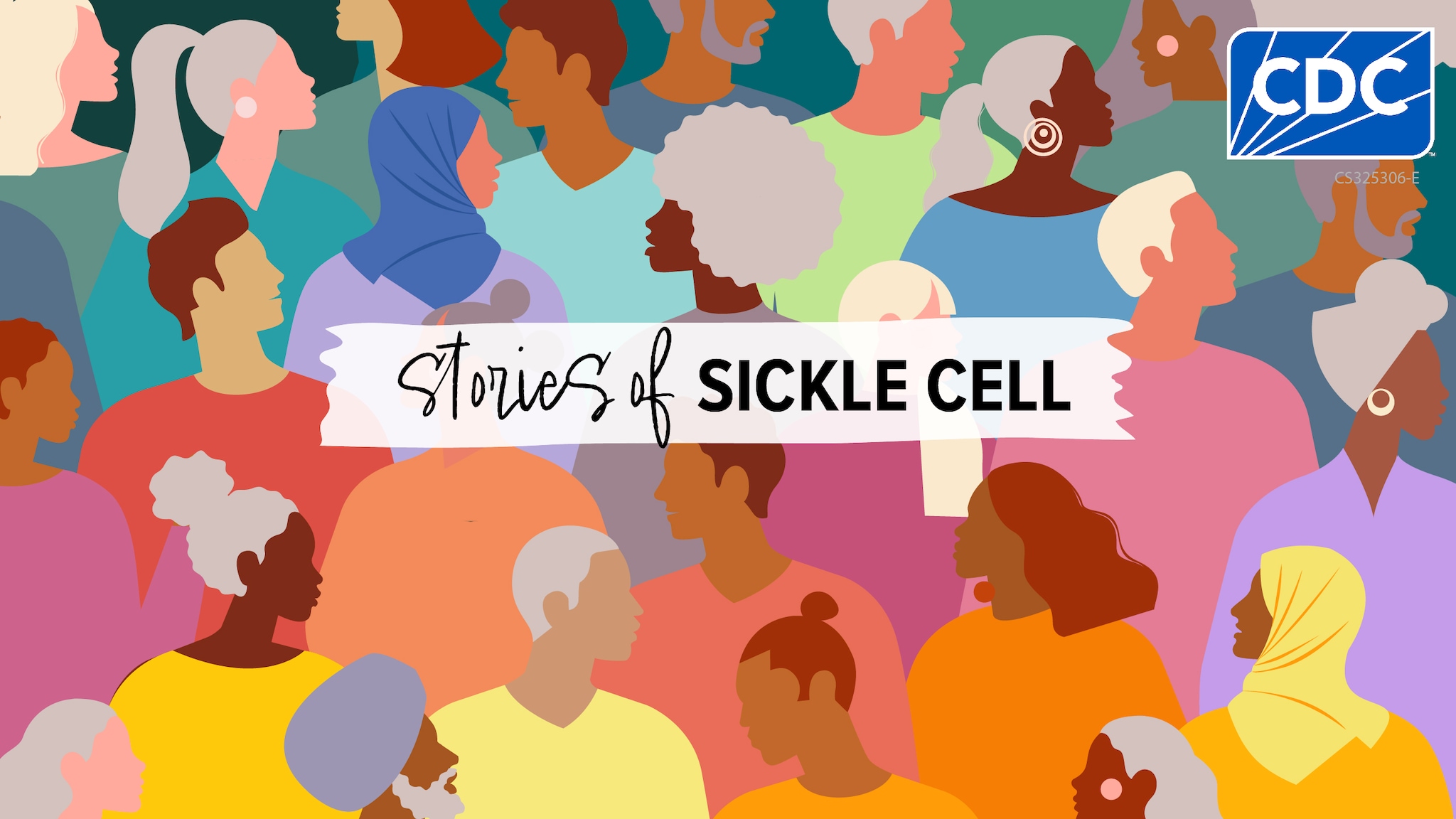 Stories of Sickle Cell-updated logo A colorful illustration of diverse people with text in the middle that says "Stories of Sickle Cell."