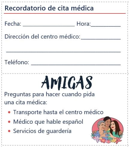 Ejemplo de un recordatorio de cita médica del programa AMIGAS