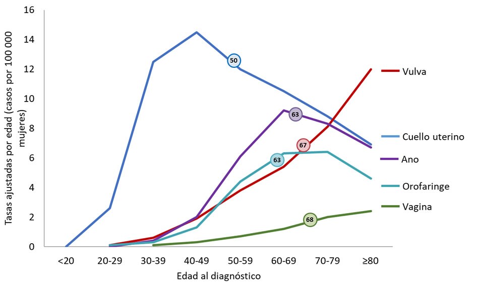 Gráfica de líneas que muestra la mediana de edad al diagnóstico de cánceres asociados al VPH en las mujeres. 50 años para el cáncer de cuello uterino asociado al VPH, 68 años para el cáncer de vagina asociado al VPH, 67 años para el cáncer de vulva asociado al VPH, 63 años para el cáncer anal asociado al VPH y 63 años para los cánceres orofaríngeos asociados al VPH.