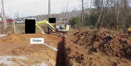 Foto 2. Muestra la posición de la miniexcavadora al momento del incidente y la ubicación aproximada de la víctima. Foto cortesía de NCOSHA. 