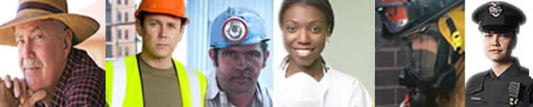 granjero, trabajador de la construcción, minero, tecnología médica, bombero, mujer policía