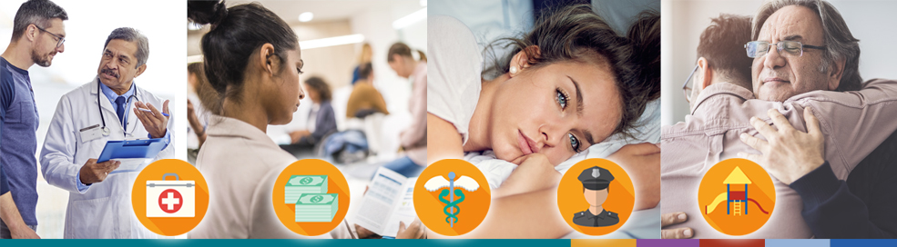 a doctor explaining information to a patient; a person reading a brochure; a person lying on a pillow looking sad; and a father and son hugging. Five icons run across the bottom of the banner: a medical bag, pile of dollars, a caduceus, police officer, and playground