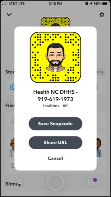 healthNC3.png An example personal profile for Snapchat mobile app's snapcode for health care professionals.