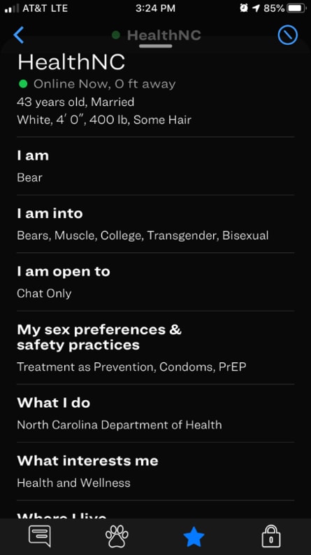 healthNC8.png An example personal profile for the Scruff mobile app for health care professionals.