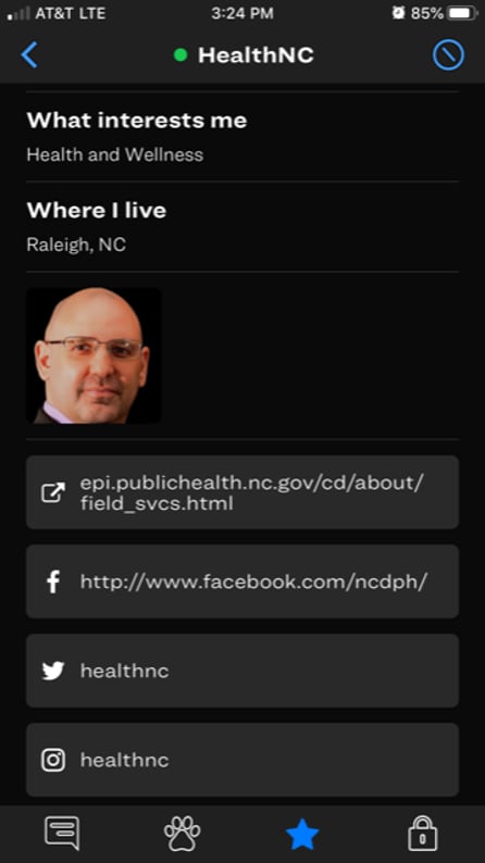 healthNC9.png An example personal profile for the Scruff mobile app details for health care professionals.