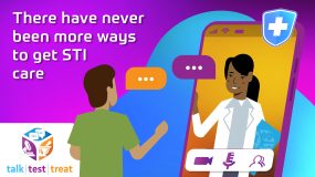 "There have never been more ways to get STD care." Illustration of a video call.
