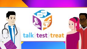 Talk. Test. Treat. Social Media banner graphic. Shows doctor with patients.