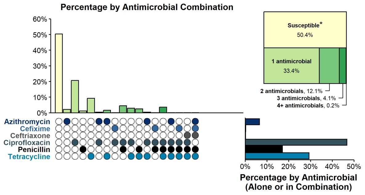 Resistance or Elevated Minimum Inhibitory Concentration (MIC) Patterns of <em>Neisseria gonorrhoeae</em> Isolates to Antimicrobials, Gonococcal Isolate Surveillance Project (GISP), 2021 Combination of an upset figure and pie chart to display resistance or elevated minimum inhibitory concentration patterns of Neisseria gonorrhoeae isolates alone or in combination to selected antimicrobials during 2021.
