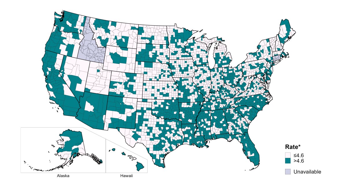 Primary and Secondary Syphilis — Rates of Reported Cases Among Women Aged 15–44 Years by County, United States, 2022 Map of the United States showing rates of reported primary and secondary syphilis among women aged 15-44 years by county of residence during 2022