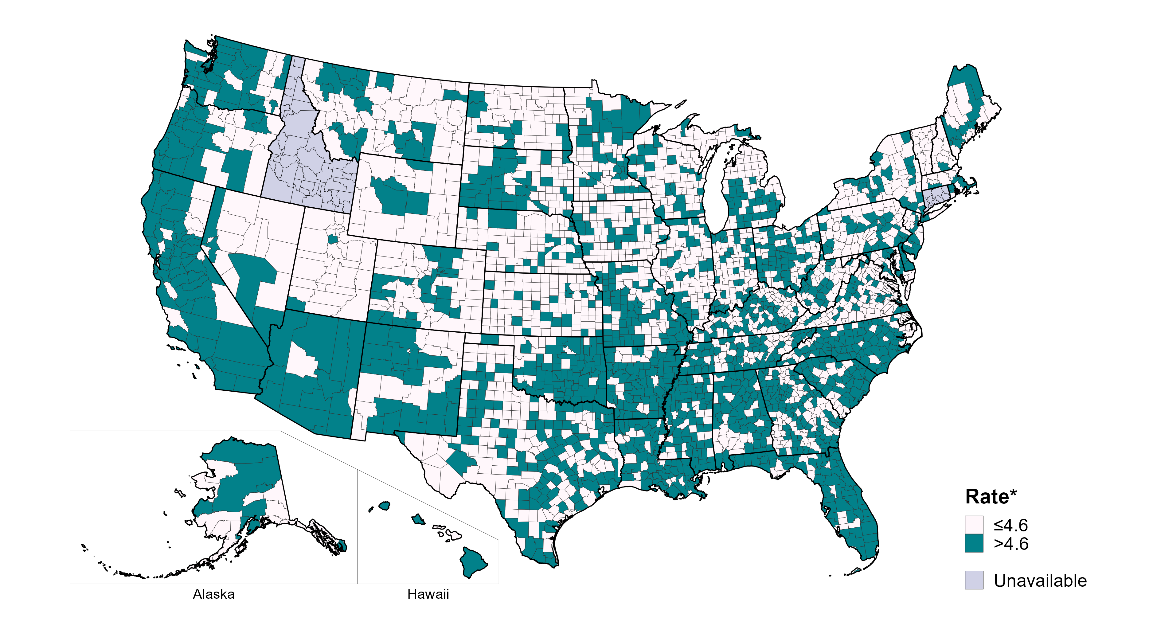Primary and Secondary Syphilis — Reported Cases Among Women Aged 15–44 Years by County, United States, 2022 Map of the United States showing rates of reported primary and secondary syphilis among women aged 15-44 years by county of residence during 2022