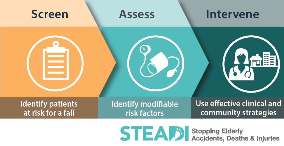 Screen - Identify patients at risk for a fall. Assess - Identify modifiable risk factors. Intervene - Use effective clinical and community strategies. STEADI: StoppIng Elderly Accidents, Deaths & Injuries