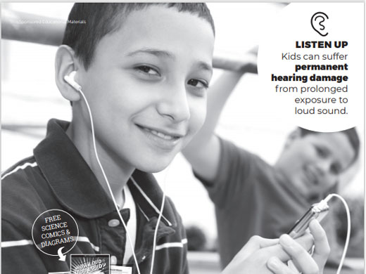 too-loud Young man with earbuds. Listen up - kids can suffer permanent hearing damage from prolonged exposure to loud sound.