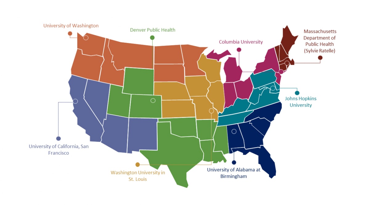 NNPTC Regional Centers Map A map of the United States, split into eight sections, each representing a training center and the states they cover.