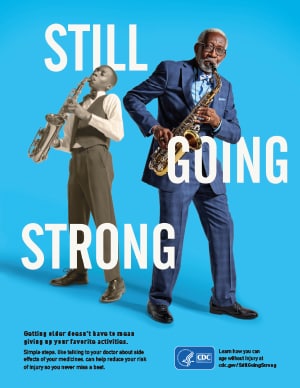 older man with his younger self playing a saxophone