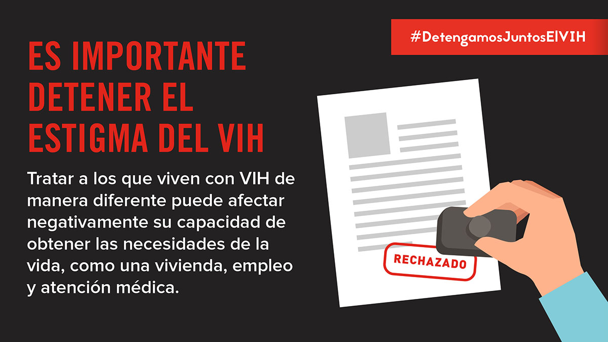 TwitterPosts-SHS-DoingIt-2020 ¿Sabías que tratar a alguien diferente porque tiene el #VIH es un ejemplo de estigma? Aprende más aquí: https://bit.ly/37bGTtK #DetengamosJuntosElVIH - Animated hand stamping paper with the words “ Es importante detener el estigma del VIH”