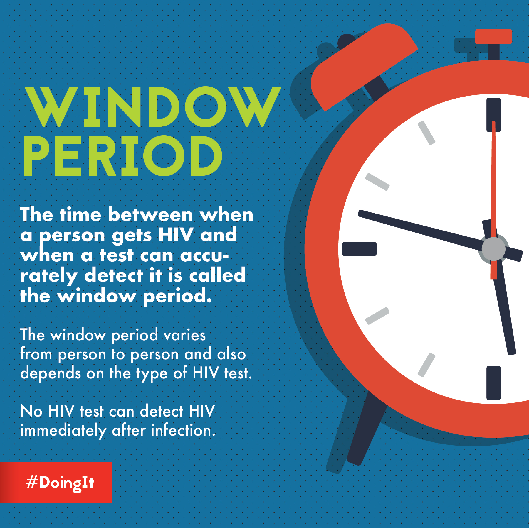 window-period Image displays animation of a clock, along with the following text: WINDOW PERIOD The time between when a person gets HIV and when a test can accurately detect it is called the window period. The window period varies from person to person and depends on the type of HIV test. No HIV test can detect HIV immediately after infection.