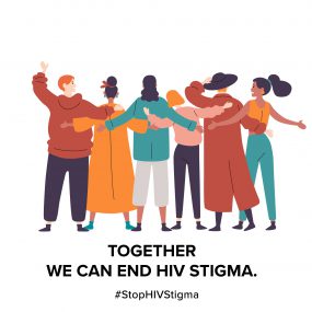 together-end-stigma Image displays an animation of six women with arms linked in solidarity, along with the following text: Together we can end HIV stigma.