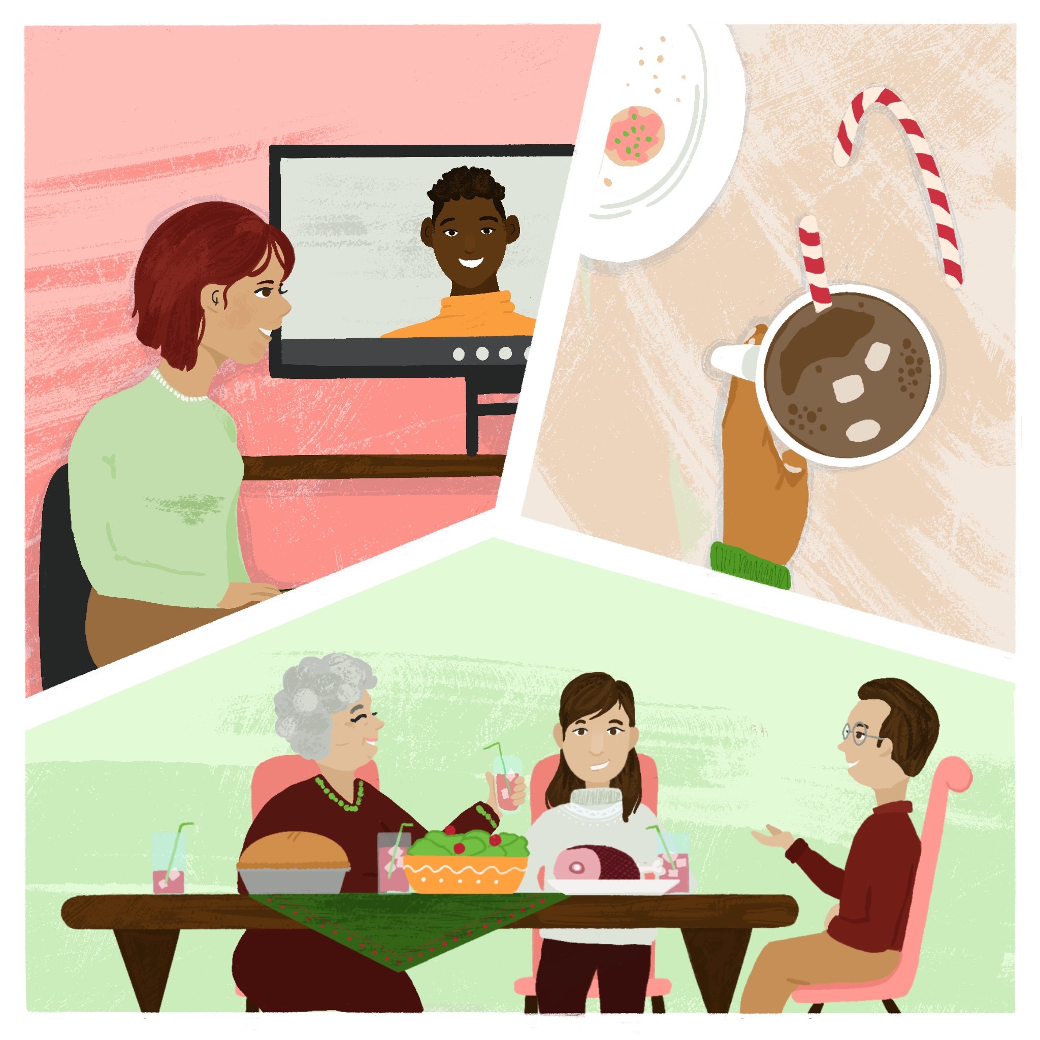 Holiday Stigma A holiday illustration graphic of a family gathered around a table and two friends sitting in front of a computer screen smiling and enjoying a virtual dinner together