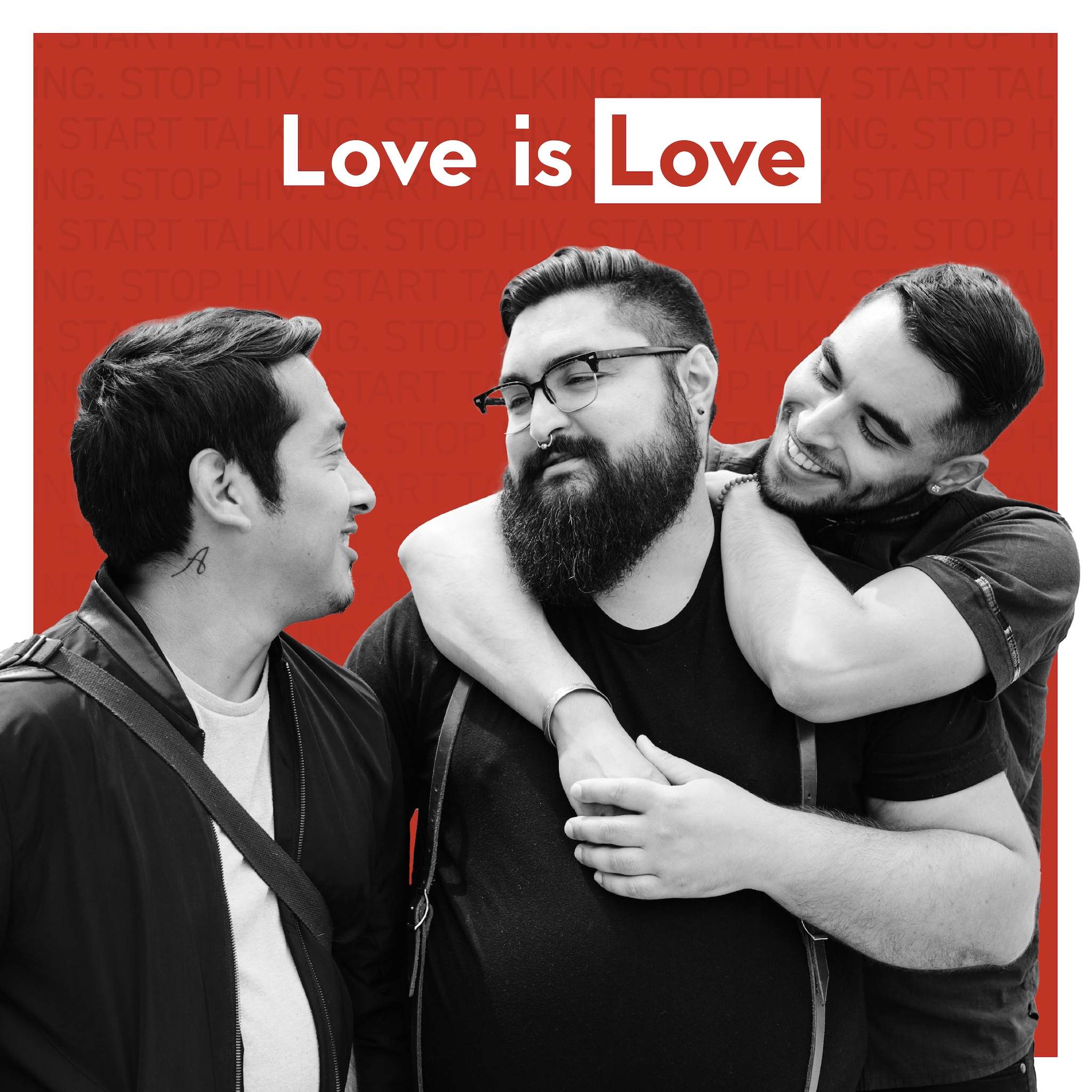 cdc-hiv-together-social-media-seasonal-holiday-toolkit-valentines-stsh-love An image of three men showing each other love with the words love is love written in bold letters.