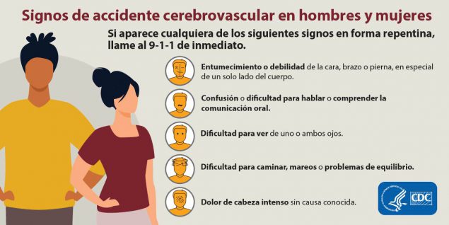 Llame al 9-1-1 de inmediato si aparece alguno de estos signos de accidente cerebrovascular: Entumecimiento o debilidad de la cara, brazos o piernas; confusión o dificultad para hablar o comprender la comunicación oral; dificultad para ver de uno o ambos ojos; dificultad para caminar, mareos o problemas de equilibrio; dolor de cabeza intenso sin causa conocida.