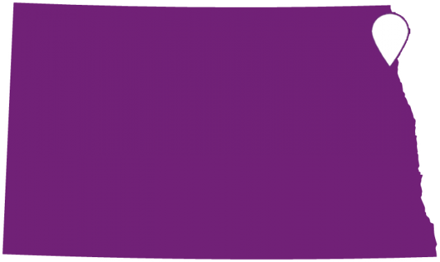 Outline of North Dakota with the University of North Dakota highlighted