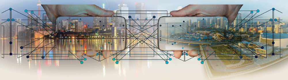 city landscape background with lines and dots representing data connections, hands holding two mobile phones with the same scene on the screen.   