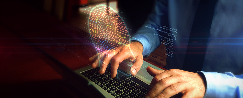 Man typing on keyboard with artificial intelligence hologram man typnig on keyboard with artificial intelligence hologram