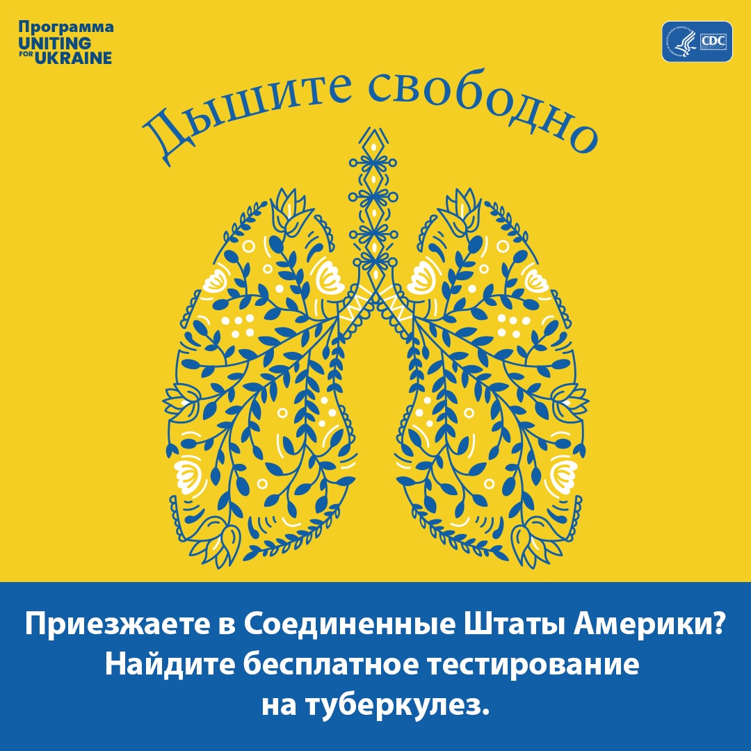 Иллюстрация легких в стиле украинского народного творчества. Содержание следующее: Дышите свободно. Приезжаете в Соединенные Штаты Америки? Найдите бесплатное тестирование на туберкулез.