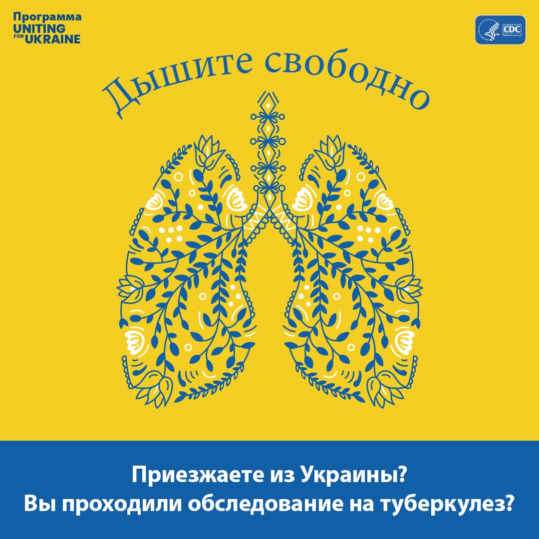 Иллюстрация легких в стиле украинского народного творчества. Содержание следующее: Дышите свободно. Приезжаете из Украины? Вы проходили обследование на туберкулез?