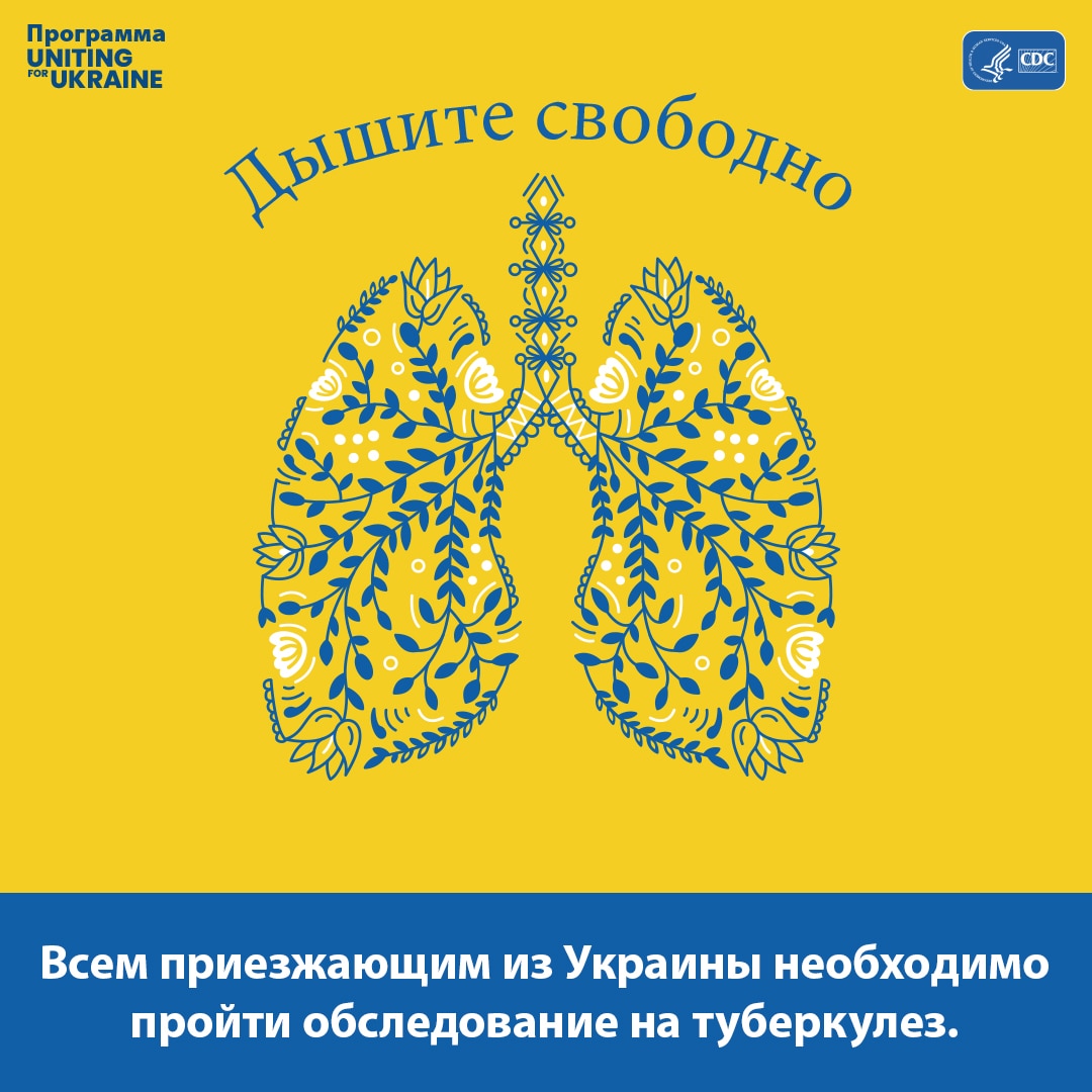 Иллюстрация легких в стиле украинского народного творчества. Содержание следующее: Дышите свободно. Всем приезжающим из Украины необходимо пройти обследование на туберкулез.