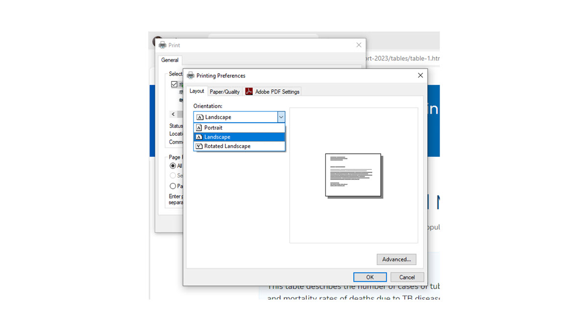 Table Printing Tips MS Edge Figure 5 Select “Preferences.” In the new pop-up window, select Layout to set the preferred page orientation.